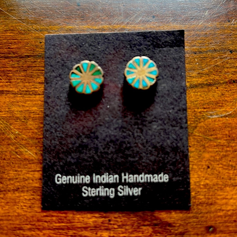 Genuine native American Sterling silver with turquoise inlay pierced earrings.